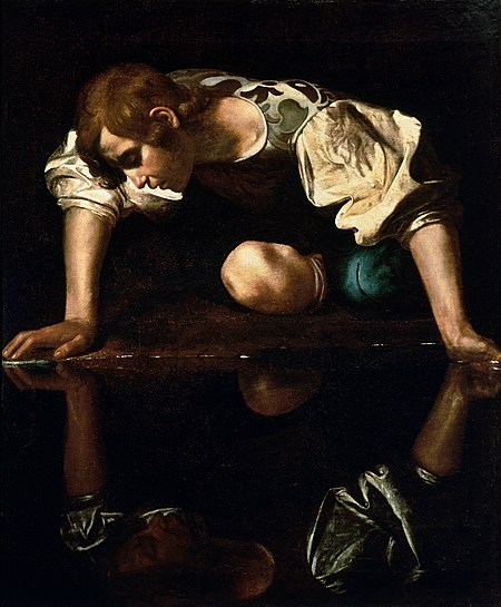 450px-Narcissus-Caravaggio_(1594-96)_edited